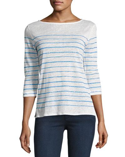 3/4-sleeve Striped Linen Boat-neck Tee