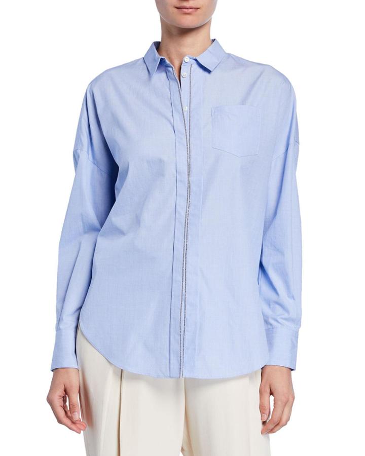 Pleated Button Front Shirt W/ Accent Trim