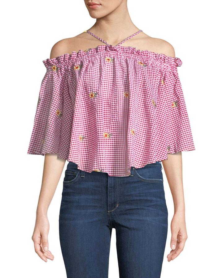 Halter-neck Off-the-shoulder Daisy-embroidered Gingham Blouse