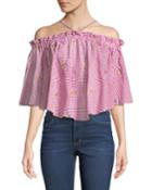 Halter-neck Off-the-shoulder Daisy-embroidered Gingham Blouse
