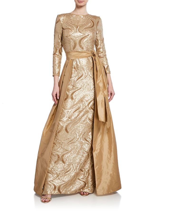 Long-sleeve Sequin Gown W/ Taffeta Overlay