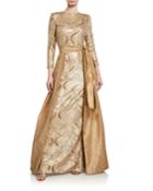 Long-sleeve Sequin Gown W/ Taffeta Overlay