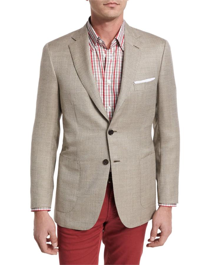 Textured Wool-silk Two-button Blazer, Tan