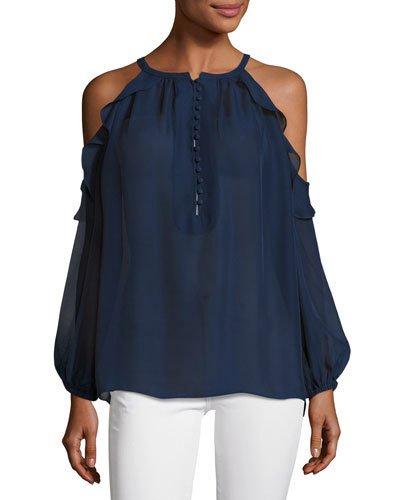 Ruffled-trim Cold-shoulder Blouse, Navy