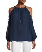 Ruffled-trim Cold-shoulder Blouse, Navy