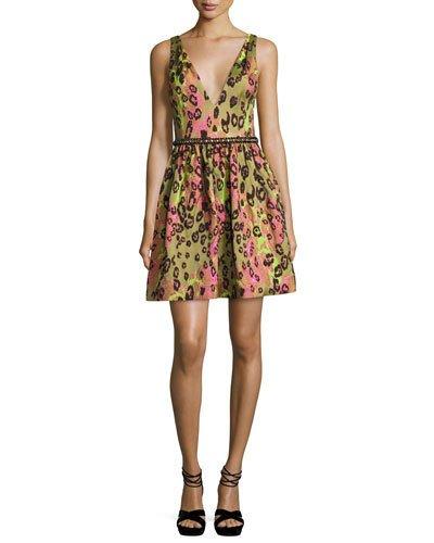 Sleeveless Animal Jacquard Cocktail Dress, Green