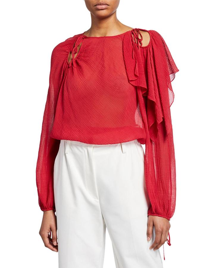 Long-sleeve Textured Keyhole Blouse