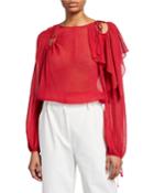 Long-sleeve Textured Keyhole Blouse