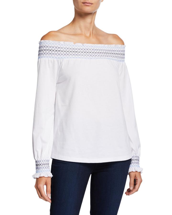 Off-the-shoulder Smocked Long-sleeve Top