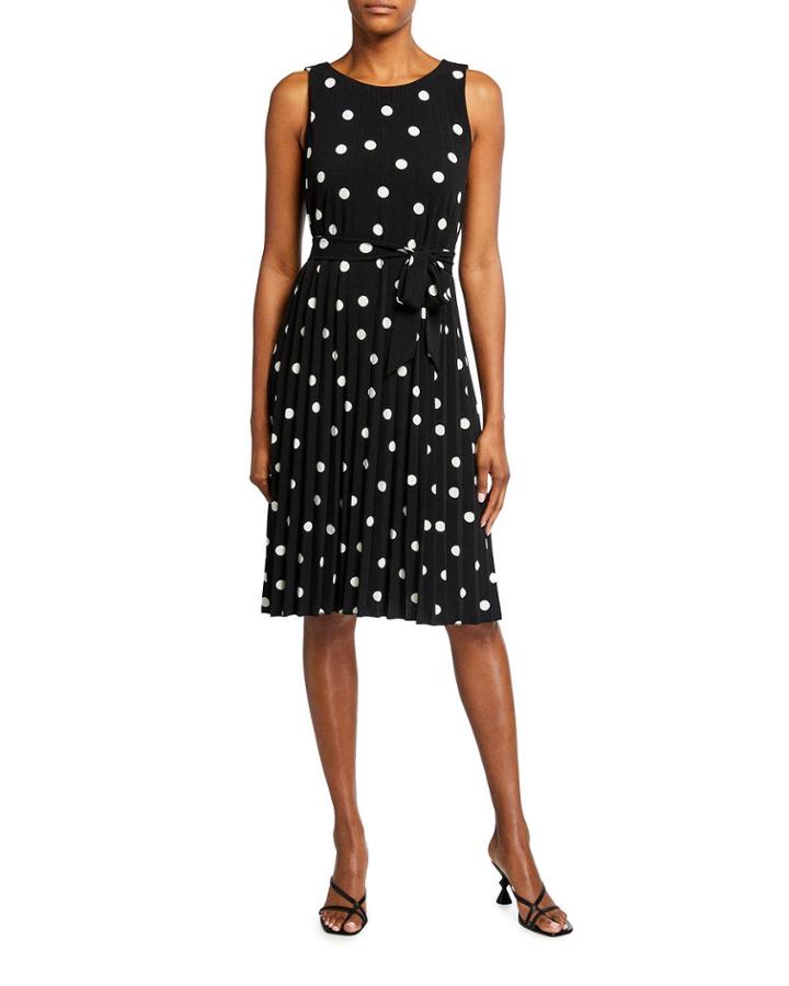 Polka Dot Pleated Belted Dress