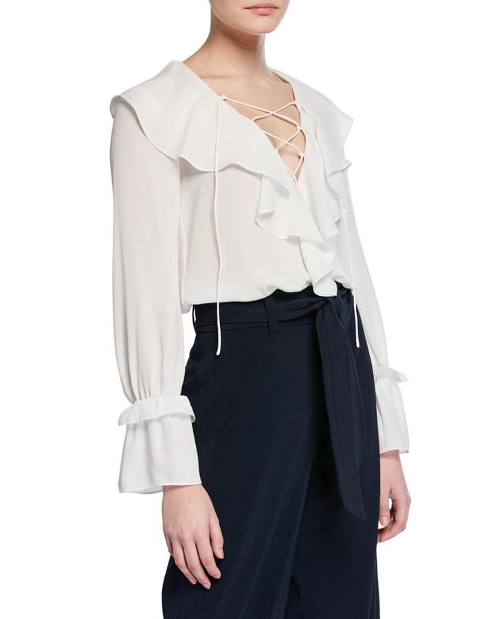 Malco Lace-up Long-sleeve Ruffled Poet Blouse