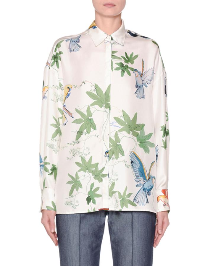Long-sleeve Botanical-print Button-front