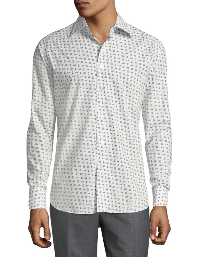 Men's Long-sleeve Regular-fit Printed Shirt, White/blue
