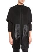 Makayla Cape-sleeve Coat W/ Calf-hair Panels, Black