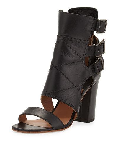 Triple Buckle Leather Bootie, Black