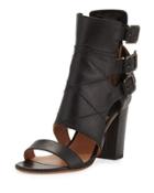 Triple Buckle Leather Bootie, Black
