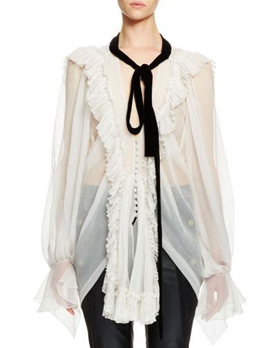 Long-sleeve Ruffle-trim Tie-neck Blouse, Beige