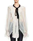 Long-sleeve Ruffle-trim Tie-neck Blouse, Beige