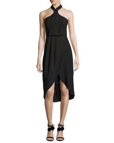 Halter-neck Faux-wrap Dress, Black