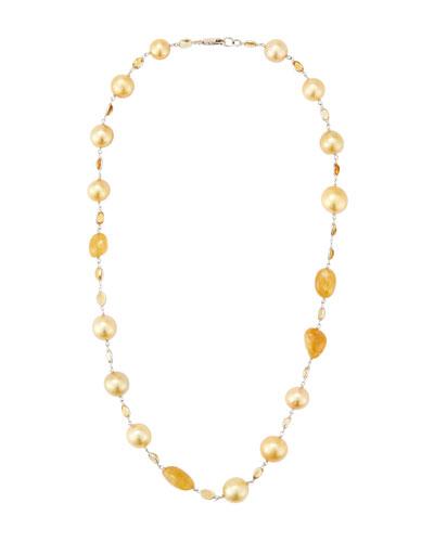 18k Golden South Sea Pearl Necklace W/ Citrine & Yellow Beryl