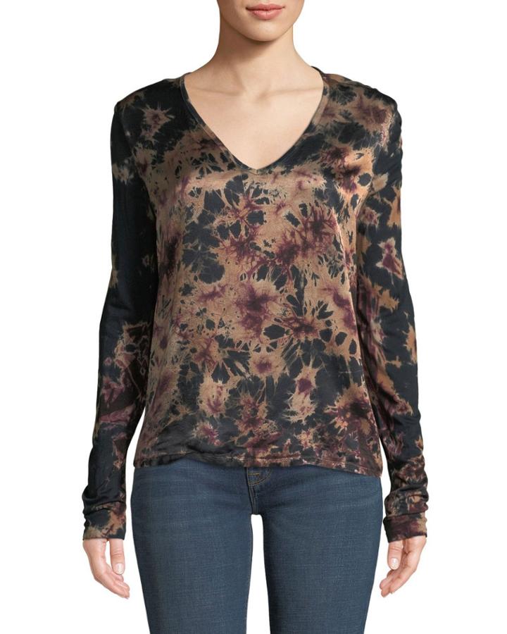 Kalvin V-neck Tie-dye Satin-front Tee