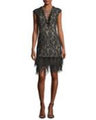 V-neck Cap-sleeve Lace Cocktail Dress W/ Feather Hem