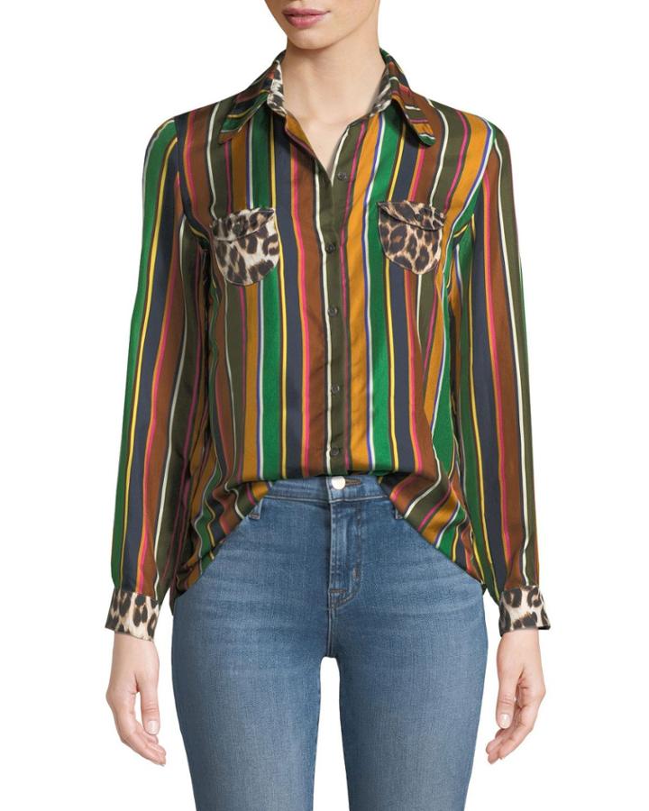 Twiggy Striped Silk Top W/ Contrast Pockets