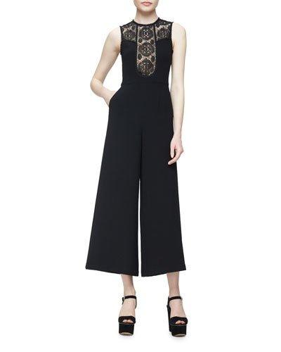 Sleeveless Lace-trim Crepe Wide-leg Jumpsuit, Black