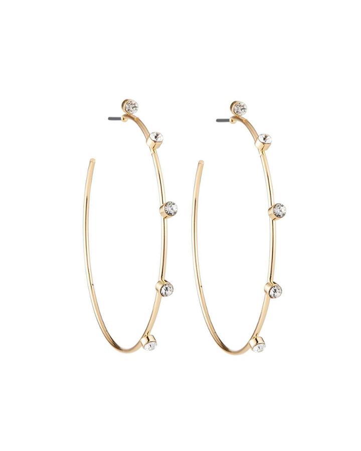 Thin Wire Hoop Earrings W/ Crystals, Gold