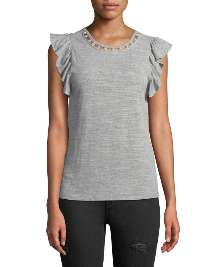 Pearlescent-neck Ruffle-sleeve Tee