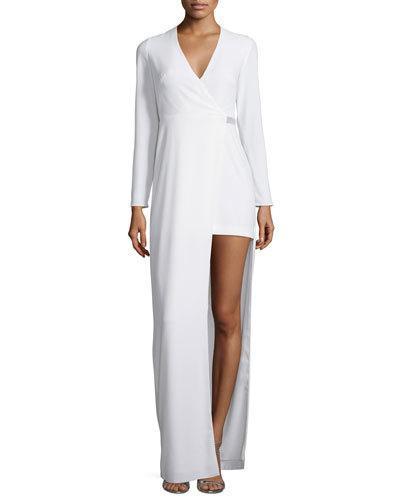 Long-sleeve Asymmetric Jersey Gown, Chalk