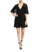 Fascinate V-neck Cape-sleeve Embroidered Mini Dress W/ Drawstring-waist