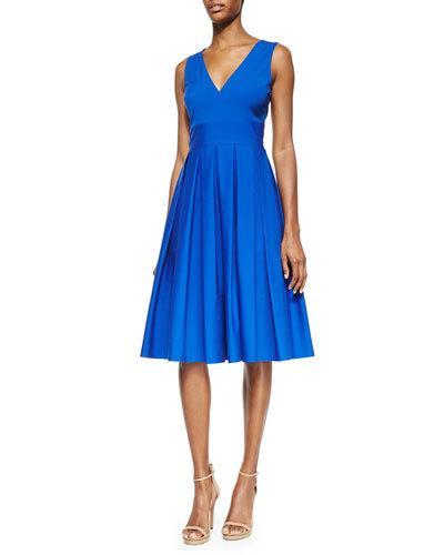 V-neck Pleated Poplin Dress