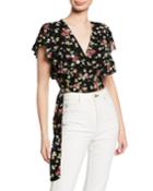 Floral-print Short-sleeve Cropped Wrap Top