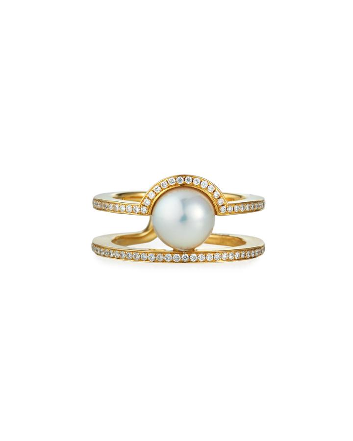 18k Diamond-trim Open Pearl Ring, White