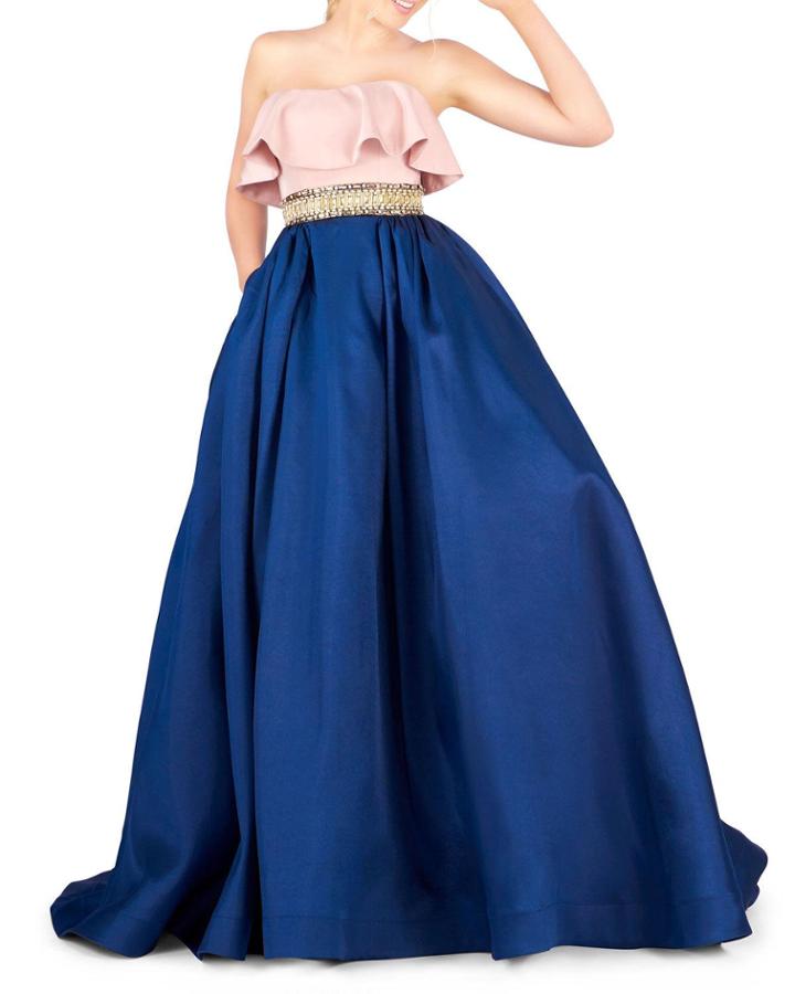 Two-tone Strapless Embellished Belt Ball Gown