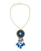 Beaded Necklace W/ Embroidered Circle Pendant, Blue