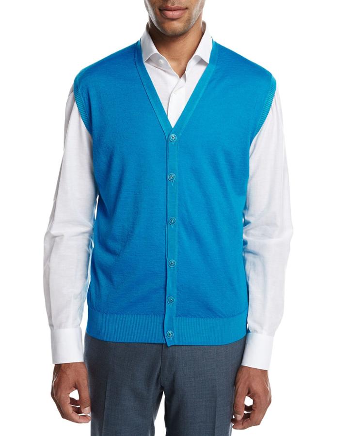 Cashmere-silk V-neck Cardigan Vest, Aqua (blue)