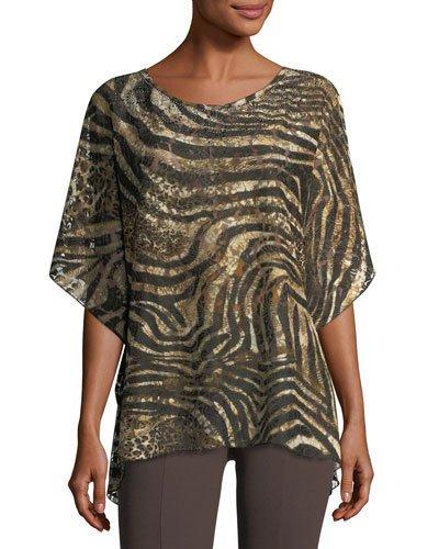 Embellished-neck Tiger-print Poncho