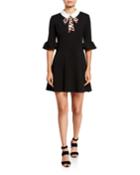 Bell-sleeve Scuba Crepe Dress W/ Leopard Necktie