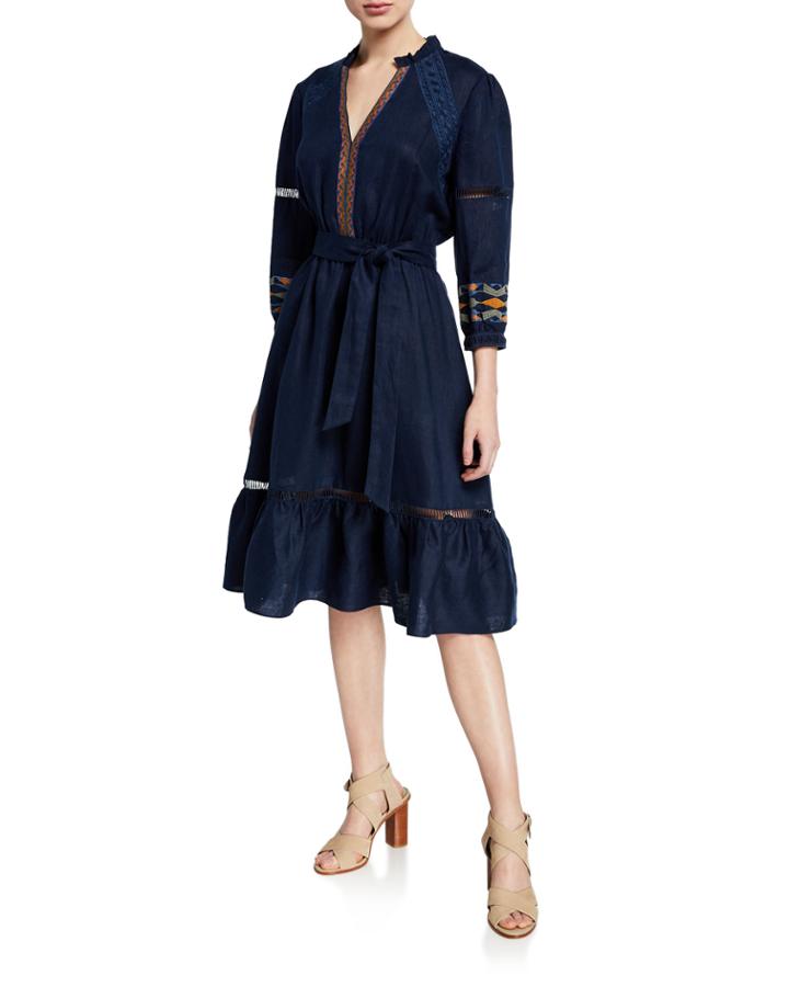 Embroidered Peasant Dress W/ Belt