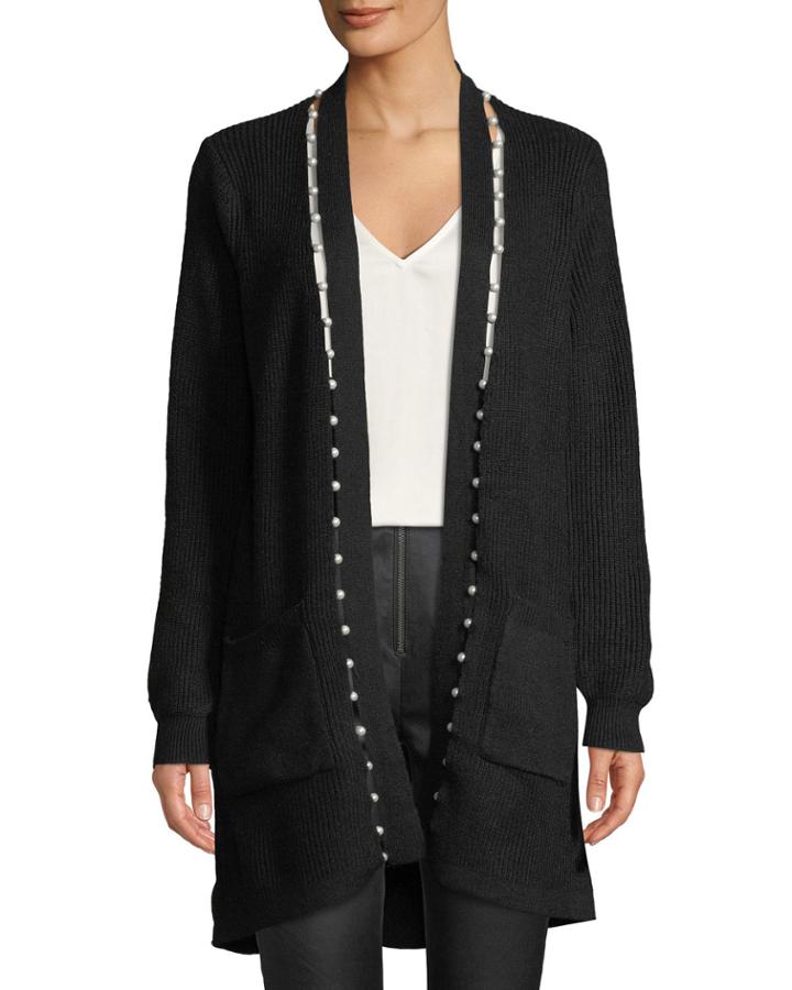 Pearlescent-trim Open-front Cardigan