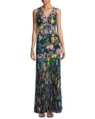 Sleeveless Floral Chiffon Gown, Blue