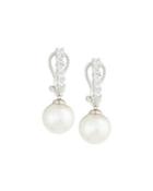 White Pearl & Cz Crystal Drop Earrings,