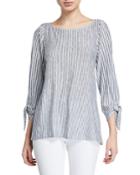 Striped Boat-neck Tie-sleeve Knit Top
