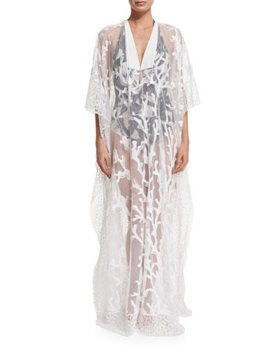 Printed-mesh Long Caftan Coverup, Bianco