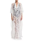 Printed-mesh Long Caftan Coverup, Bianco