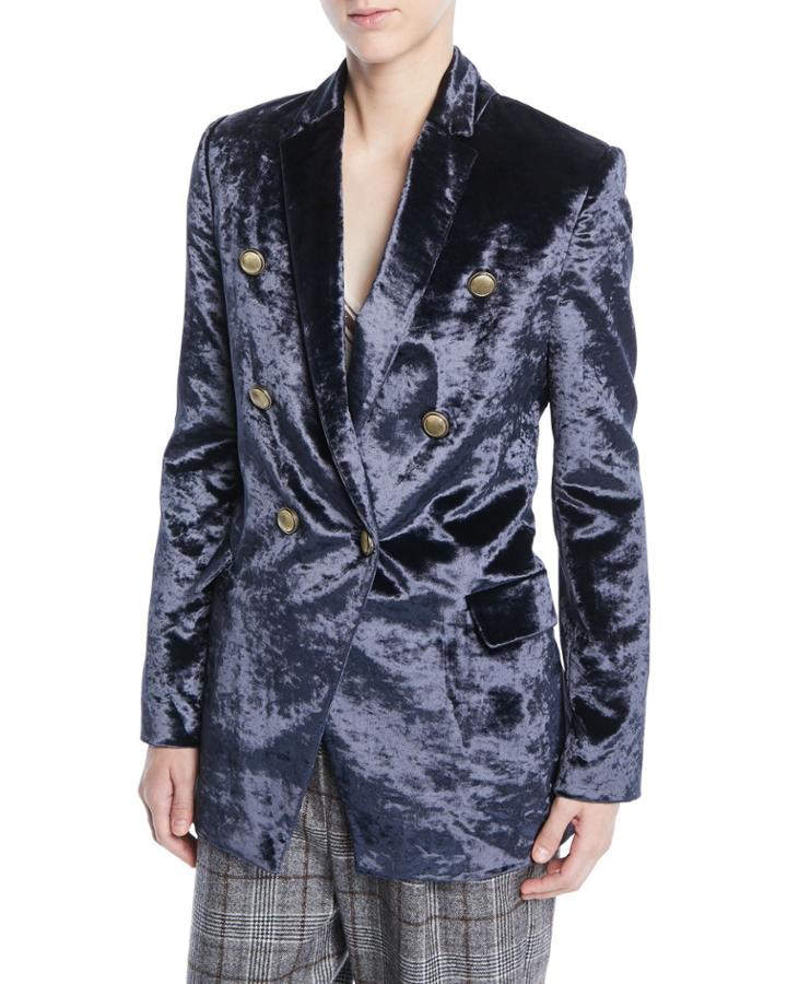 Double-breasted Crushed Velvet Blazer W/ Brass Button