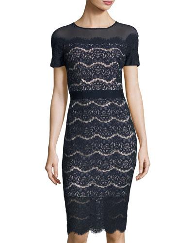Short-sleeve Lace Midi Dress, Navy
