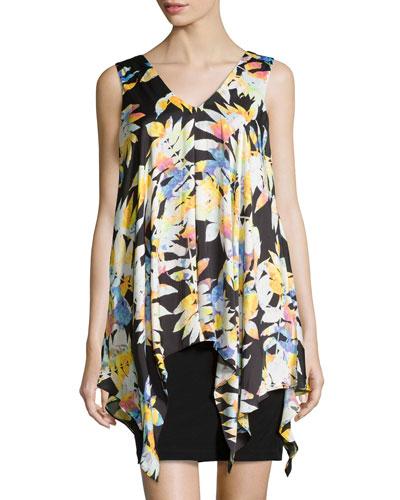 Sleeveless Floral-print Overlay Dress, Black